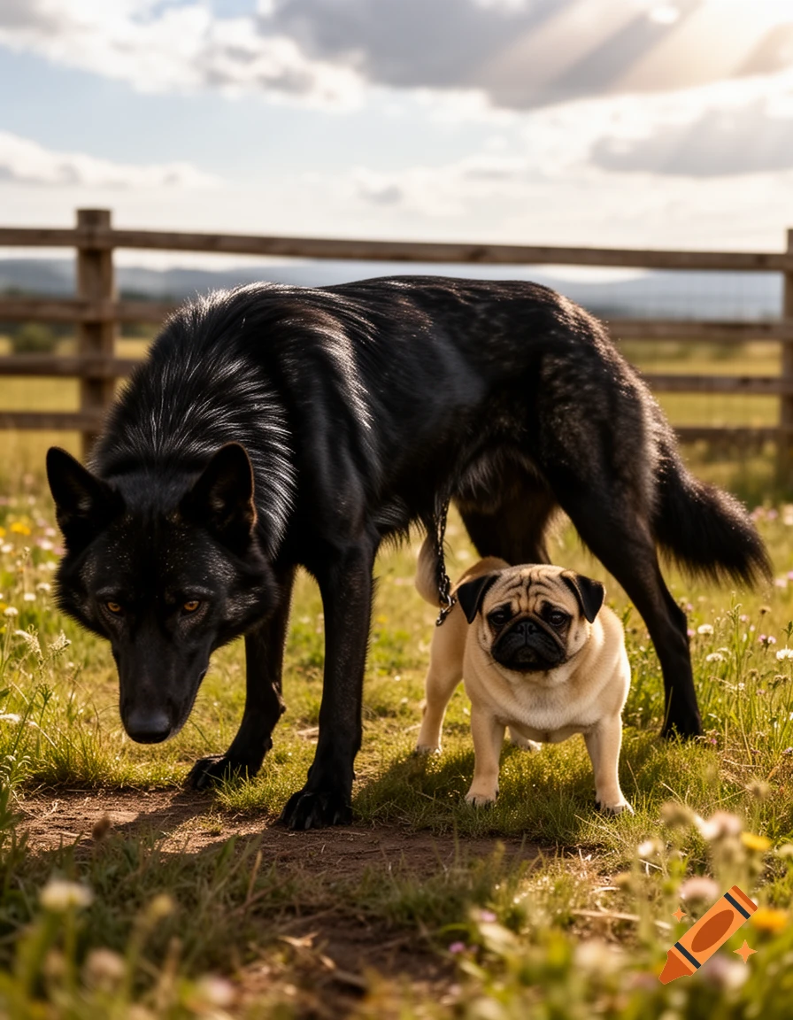 A large black wolfdog and a small fawn pug stand together in a sunny grassy field with a wooden fence and hills in the background.
