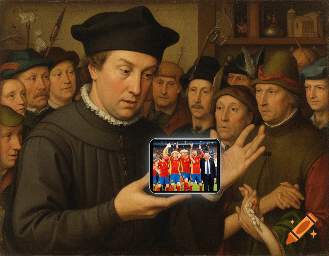 A 16th-century style oil painting shows a man in a black robe holding a smartphone displaying a photo of Donald Trump, Gianni Infantino, and the Spanish football team celebrating.