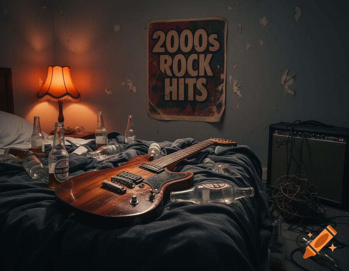 A messy hotel room with an electric guitar on the bed, surrounded by empty beer bottles, a lamp, an amplifier, and a '2000s Rock Hits' poster on the wall.