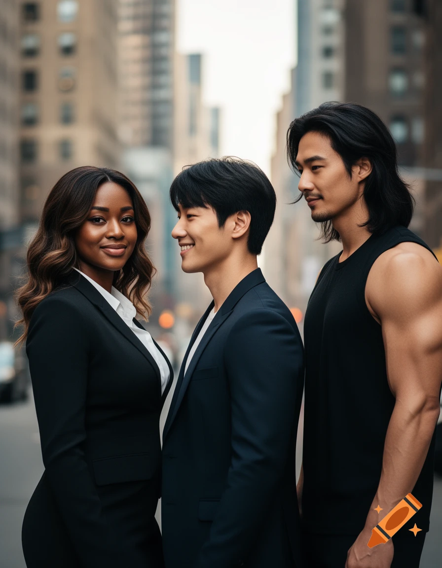 A diverse group of three individuals, one woman and two men, standing on a city street, photorealistic.