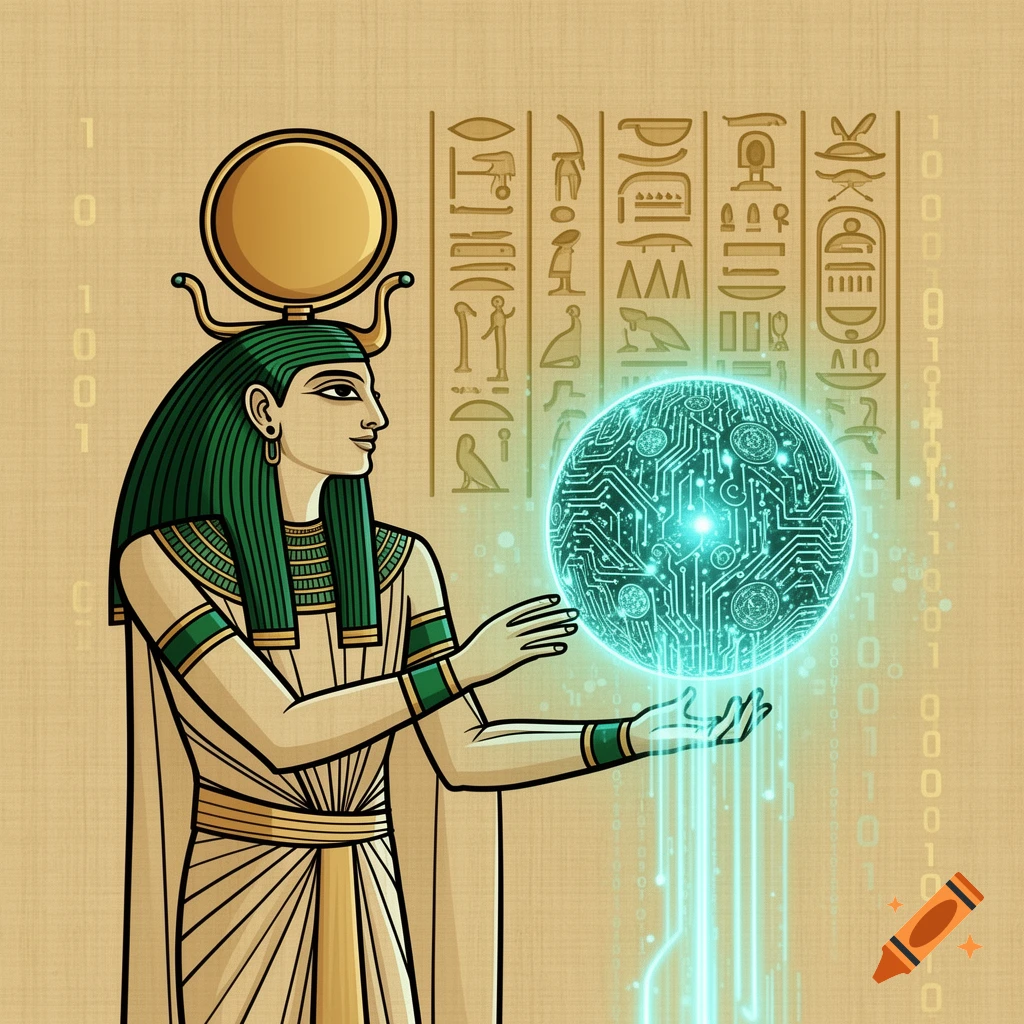 An Egyptian deity with green hair and a sun disc crown holds a glowing, circuit-board sphere, with hieroglyphs and binary code in the background.