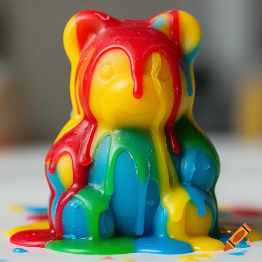 A colorful gummy bear toy covered in dripping red, yellow, green, and blue melted wax.