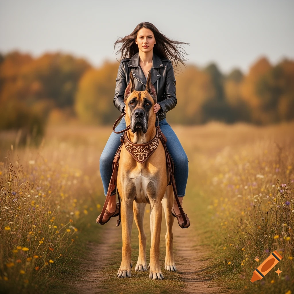 A woman in a black leather jacket and jeans rides a large fawn Great Dane through an autumn field on a dirt path.