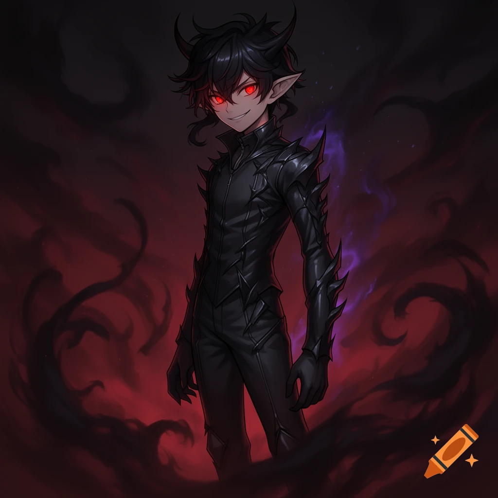 An anime-style demon boy with black hair, red glowing eyes, and horns, wearing spiked black armor in a dark, smoky red and purple setting.