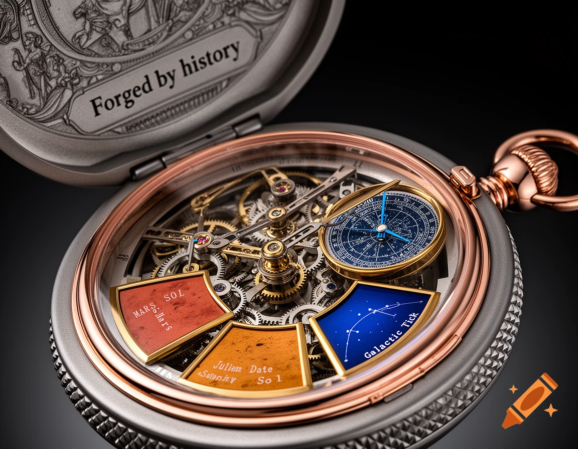 A hyper-detailed studio photo of an open luxurious astronomical pocket watch with gears, a blue compass, and display panels.