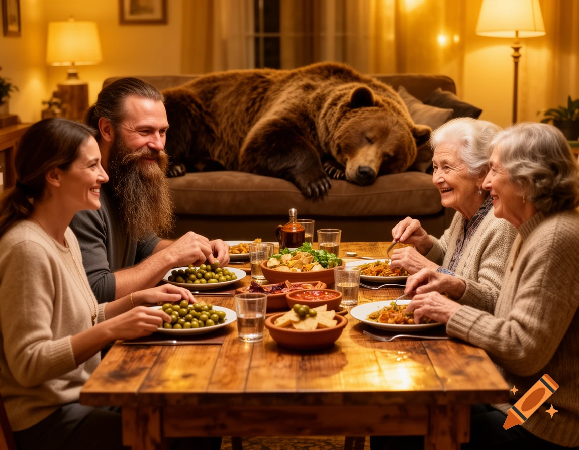A family of four, including a bearded man and two elderly women, dines at a table; a large brown bear sleeps on a sofa in a warm, cozy room.