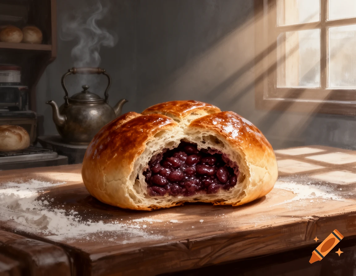 A close-up of a freshly baked sweet red bean bun, torn open, on a flour-dusted wooden table in a rustic kitchen.