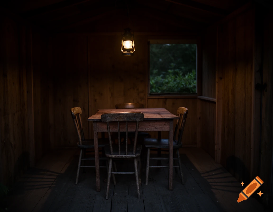 A dimly lit rustic wooden cabin interior with a table, chairs, and a glowing lantern hanging above.