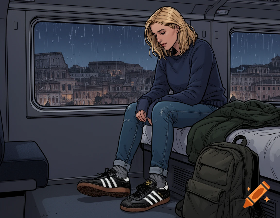 A blond woman in a dark blue sweater and jeans sits on a train at night, looking down at her sneakers. Outside, it's raining over the city of Rome with the Colosseum visible in the distance, in a comic style.