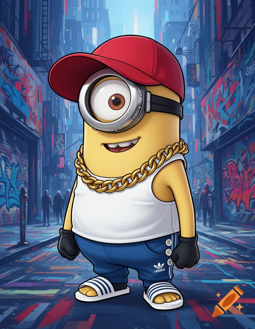 A Minion character wearing a red baseball cap, a white tank top, a gold chain, blue Adidas pants with buttons, and Adidas slides, standing in a graffiti-covered urban alley.
