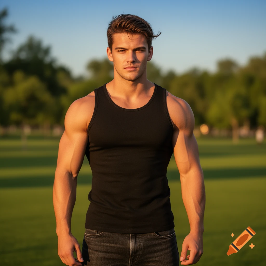 A muscular man in a black tank top and jeans stands in a sunny park with trees in the background.