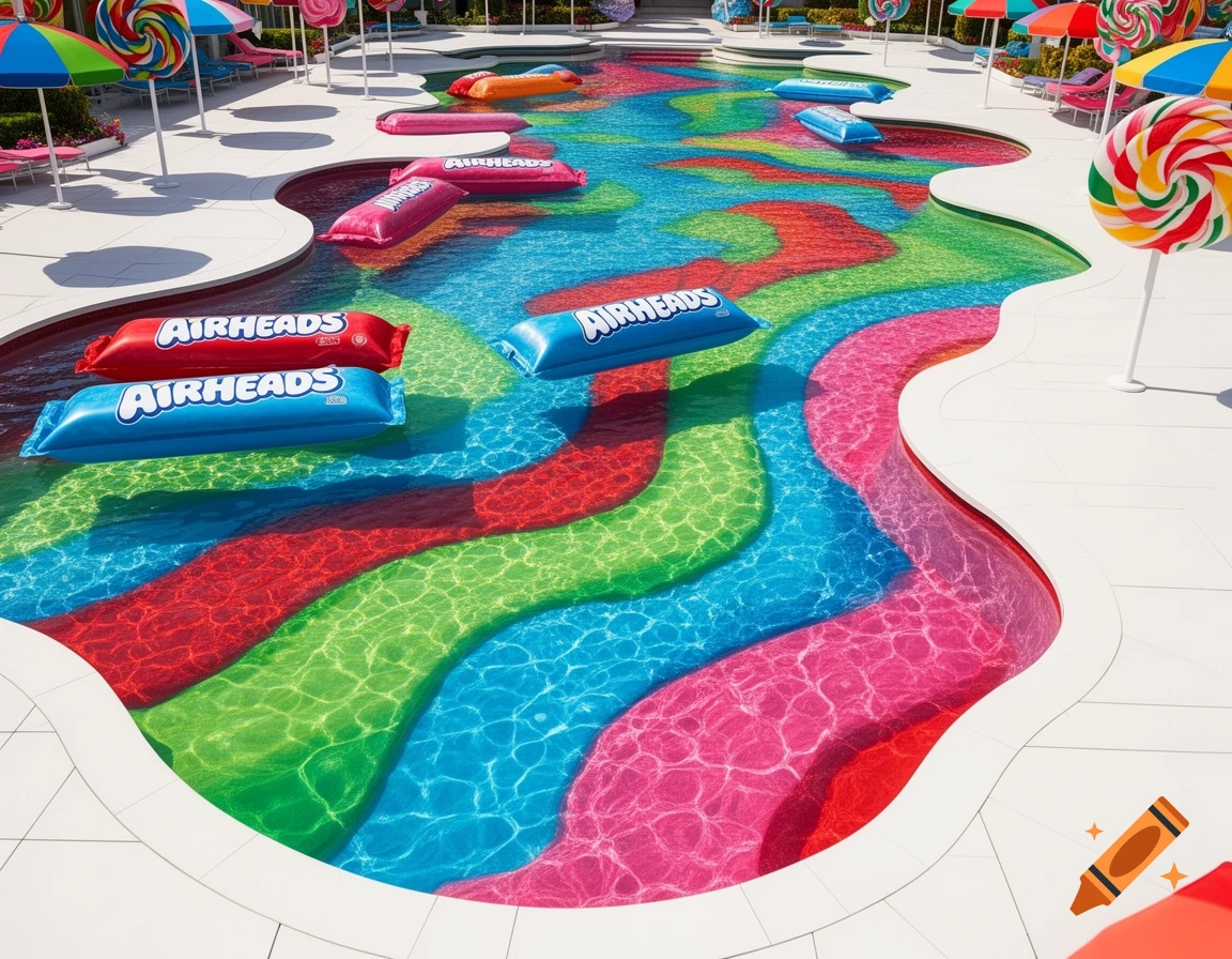 A whimsical swimming pool with colorful water stripes and 'Airheads' branded floats. Giant lollipops and umbrellas are poolside.