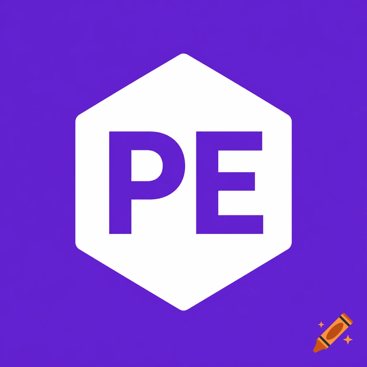 A white hexagon with the purple letters 'PE' inside, centered on a solid purple background.