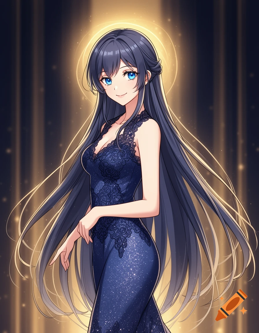 An anime girl with long dark hair and blue eyes, wearing a sparkling blue evening gown, stands smiling against a glowing golden background.