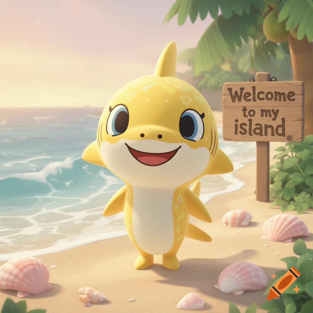A cute yellow cartoon shark with blue eyes and a wide smile stands on a sandy beach next to a wooden sign reading "Welcome to my island".