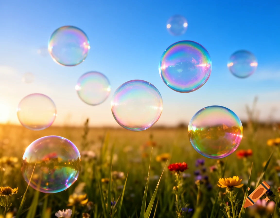 Iridescent bubbles float above a vibrant green meadow with wildflowers under a clear blue sky at sunset.