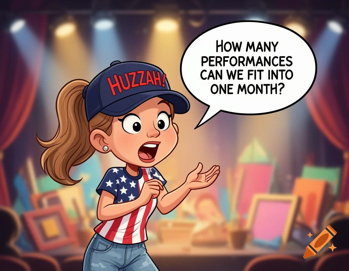 A cartoon female stage manager in an Americana shirt and 'Huzzah!' cap asks about performances on a stage.