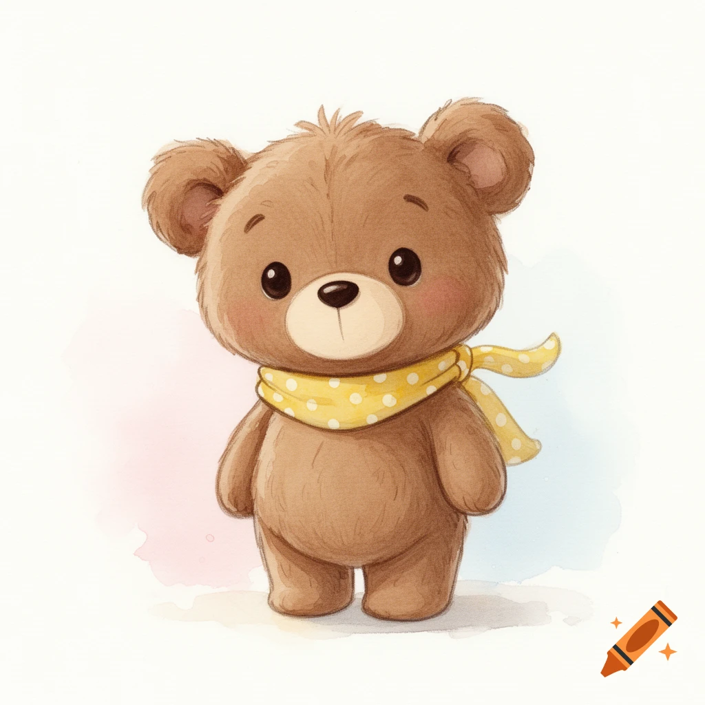 Cute brown teddy bear with big dark eyes and a yellow polka-dot scarf, in a soft watercolor illustration style.