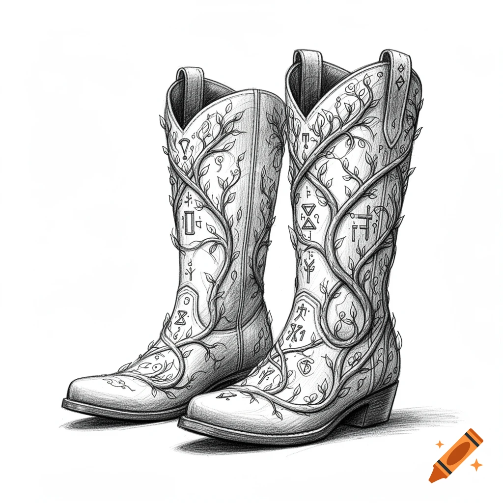 Black and white sketch of two fantasy-style boots adorned with vines, leaves, and abstract symbols on a white background.
