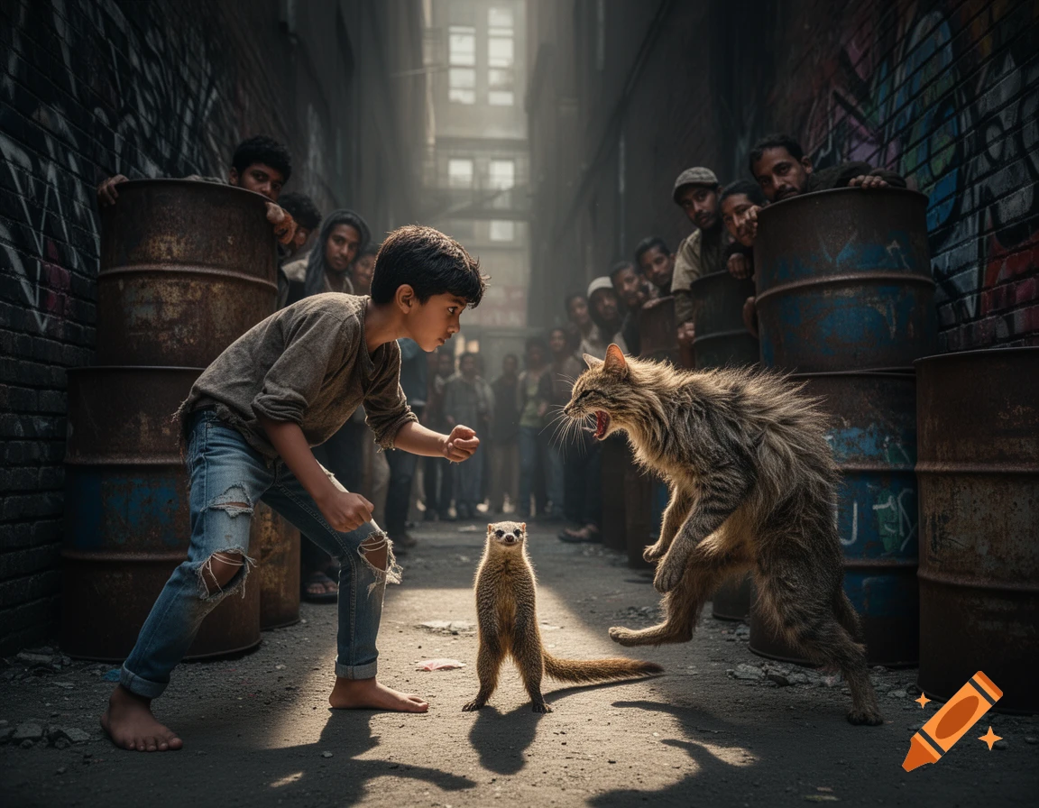 A boy and a mongoose face off against an aggressive, leaping cat in a dark, gritty alleyway as onlookers peer from behind old oil drums.