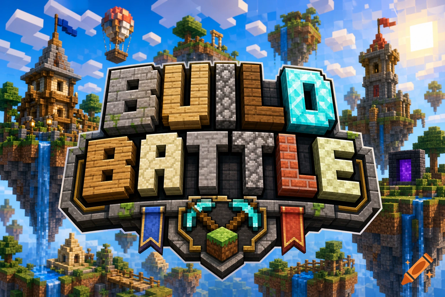 A colorful Minecraft-style logo for 'Build Battle' featuring block letters above floating islands with structures and waterfalls.