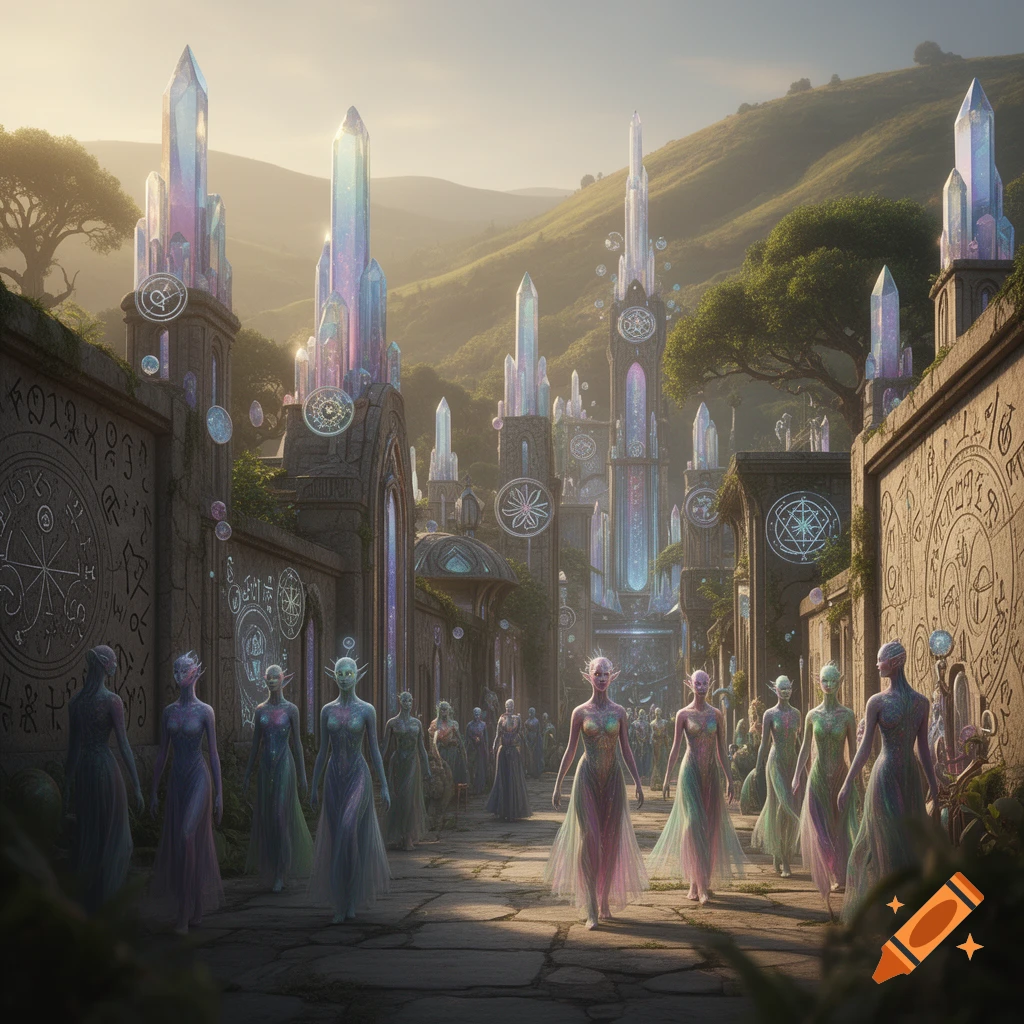 A futuristic fantasy town with towering iridescent crystal structures and humanoid figures in flowing robes walking on a stone path, surrounded by green hills.