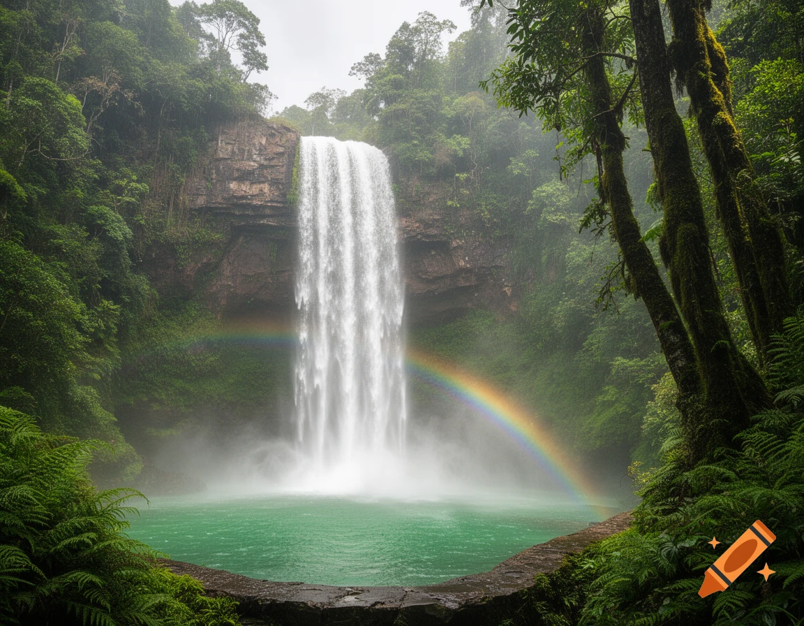 A tall waterfall cascades into a turquoise pool, surrounded by a dense green rainforest, with a vibrant rainbow arching through the mist.