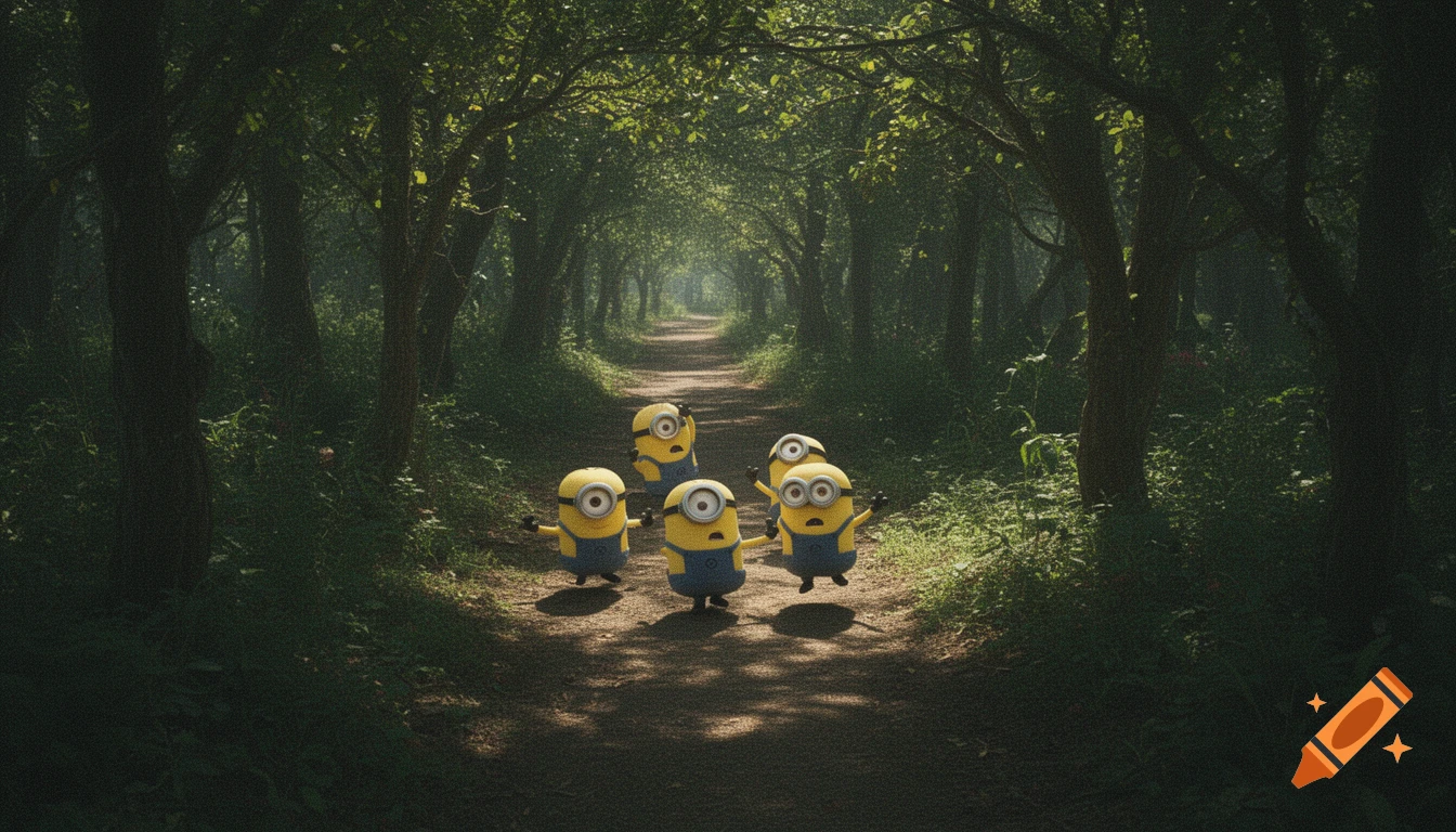 Five Minions looking confused on a path in a dense forest, rendered with a grainy CCTV footage effect.