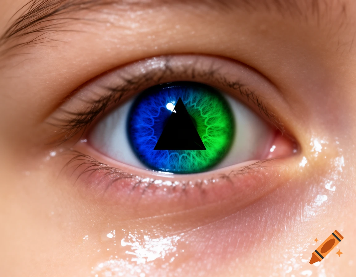 Close-up of a human eye with a blue and green iris and a black triangular pupil in a photorealistic style.