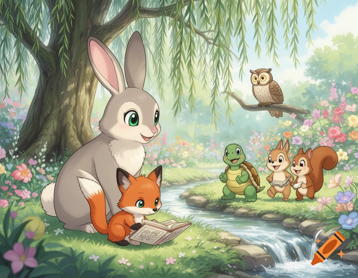 Cute cartoon animals including a rabbit, fox, turtle, squirrels, and an owl in a flowery forest by a stream.