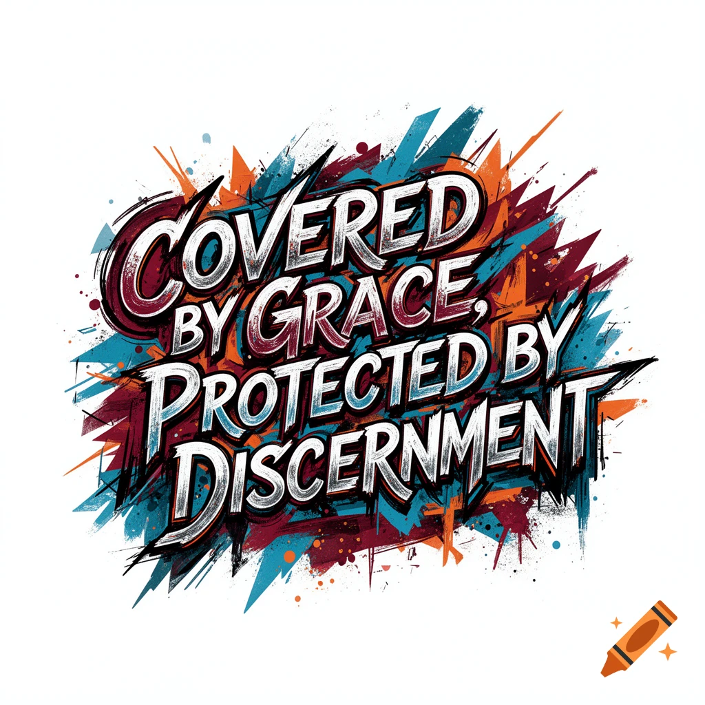 Grungy, colorful typography on a white background spells out 'Covered by Grace, Protected by Discernment' with abstract paint splatters.