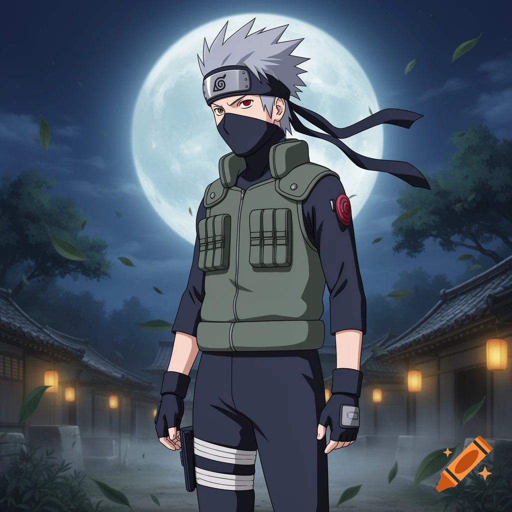 A young anime man with spiky grey hair and a black mask, wearing a green vest and dark uniform, stands in a moonlit village.