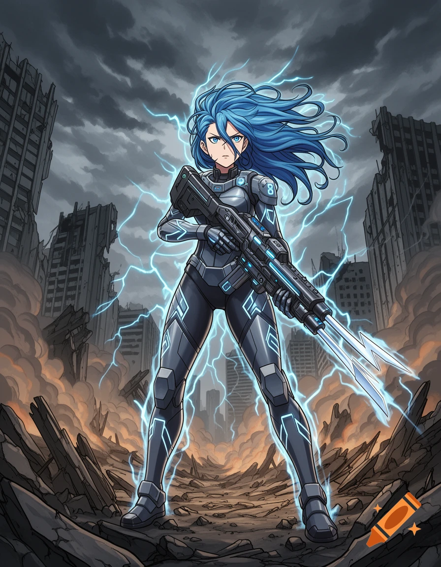 An anime woman with blue hair in futuristic armor, holding a rifle, stands amidst a destroyed city with lightning.