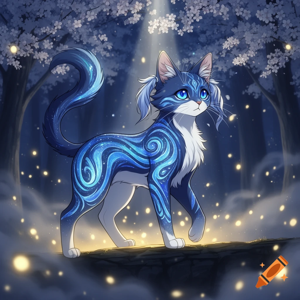 Anime-style blue cat with glowing patterns stands in a magical forest under a spotlight.