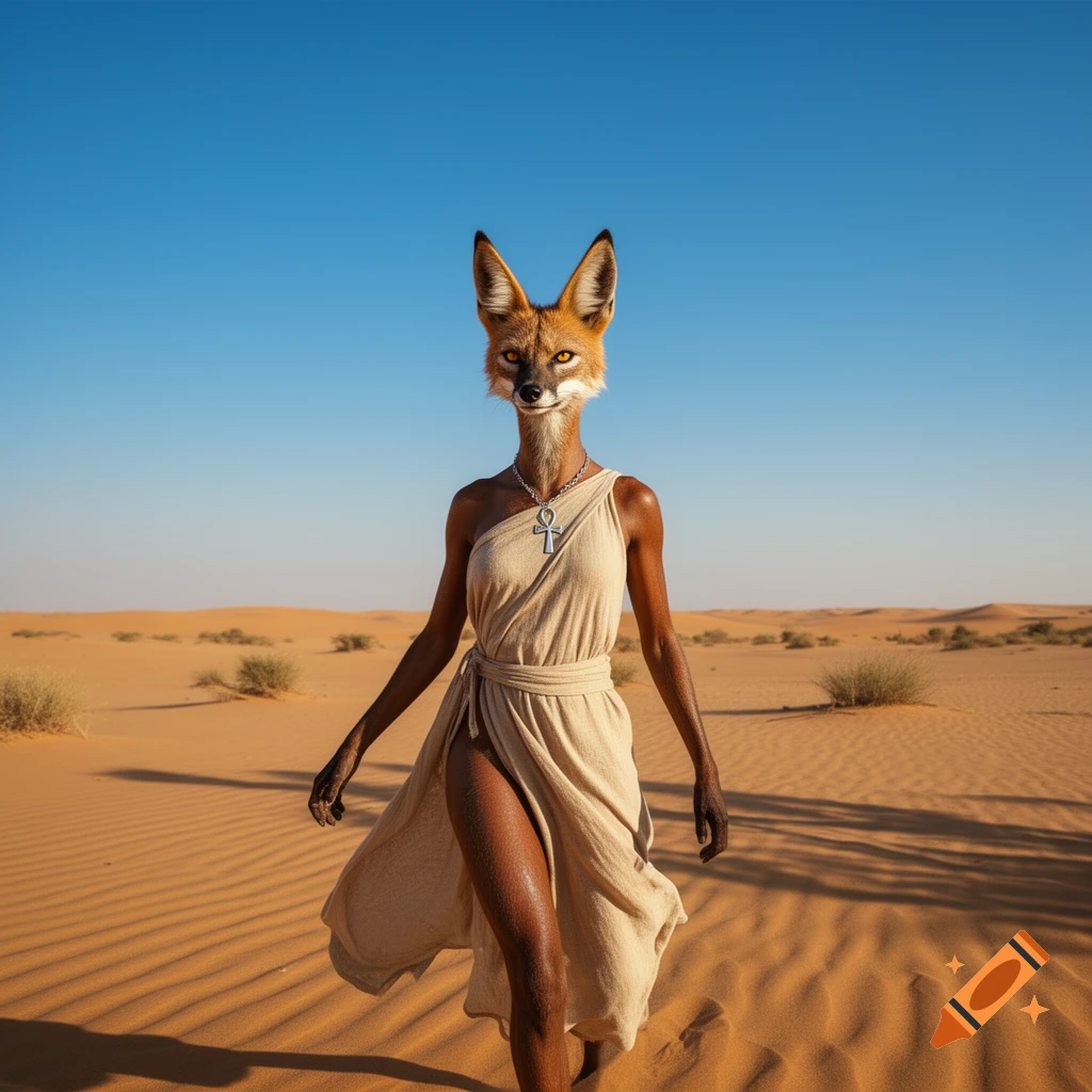 A photorealistic fox-headed woman in a light dress and ankh necklace walks through a vast desert under a clear blue sky.