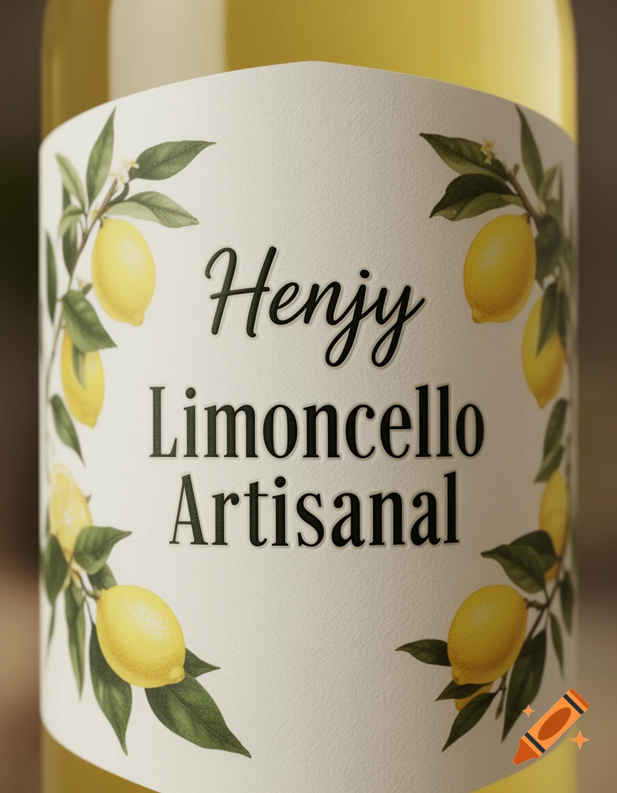 Close-up of a limoncello bottle label with "Henjy Limoncello Artisanal" text framed by lemon branches.