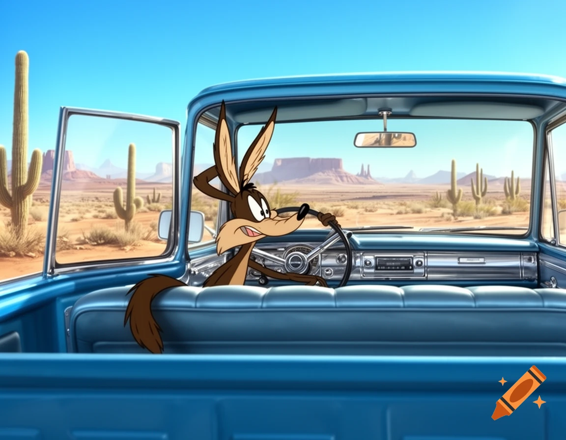 Wile E. Coyote driving a blue pickup truck through a desert landscape with saguaro cacti and mesas, in a cartoon style.