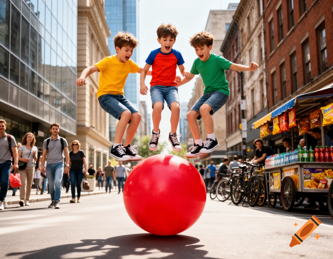 Three young boys in colorful shirts jump excitedly on a large red bouncy ball in the middle of a busy city street.