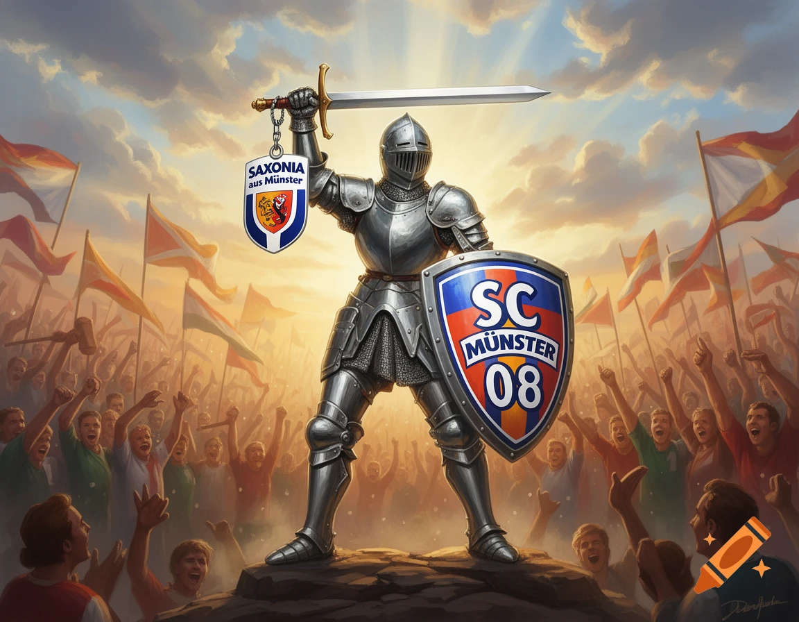 A knight in shining armor stands on a rock holding a sword with a 'SAXONIA aus MÜNSTER' shield and a 'SC MÜNSTER 08' shield. A cheering crowd and flags are behind him under a dramatic sky, digital painting.