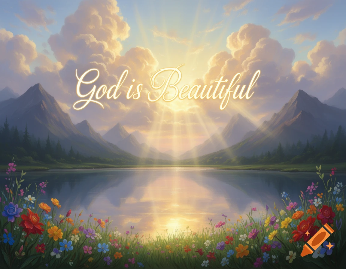 Serene landscape with glowing text 'God is Beautiful' in the sky over mountains, a lake, and vibrant flowers, in a painterly style.
