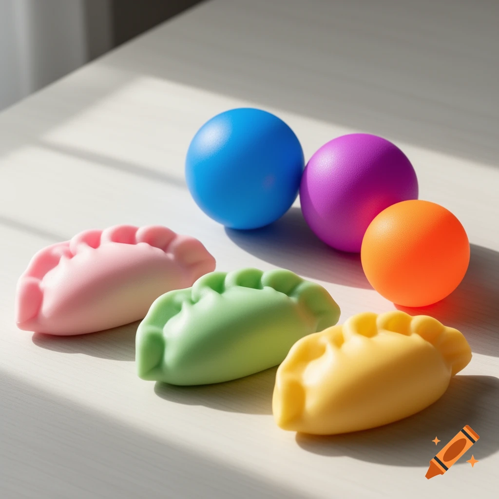 Three squishy dumplings in pink, green, yellow and three colorful stress balls in blue, purple, orange on a light surface.