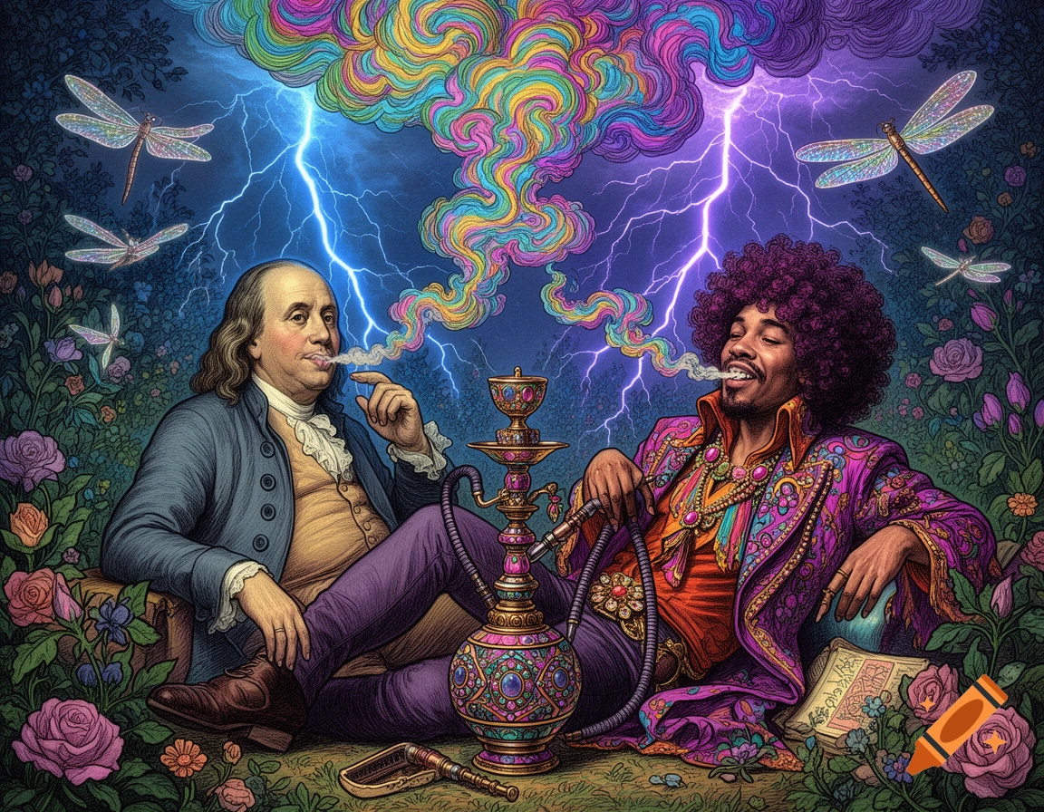 Ben Franklin and Jimi Hendrix smoke a hookah in a vibrant, psychedelic Victorian-era illustration with lightning, flowers, and dragonflies.