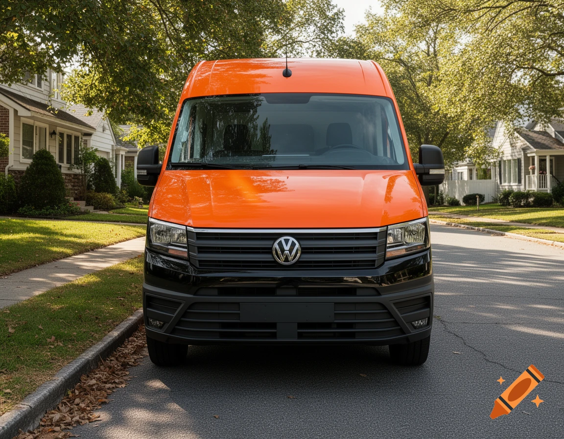 A bright orange and black Volkswagen Crafter van parked on a suburban street in front of houses.