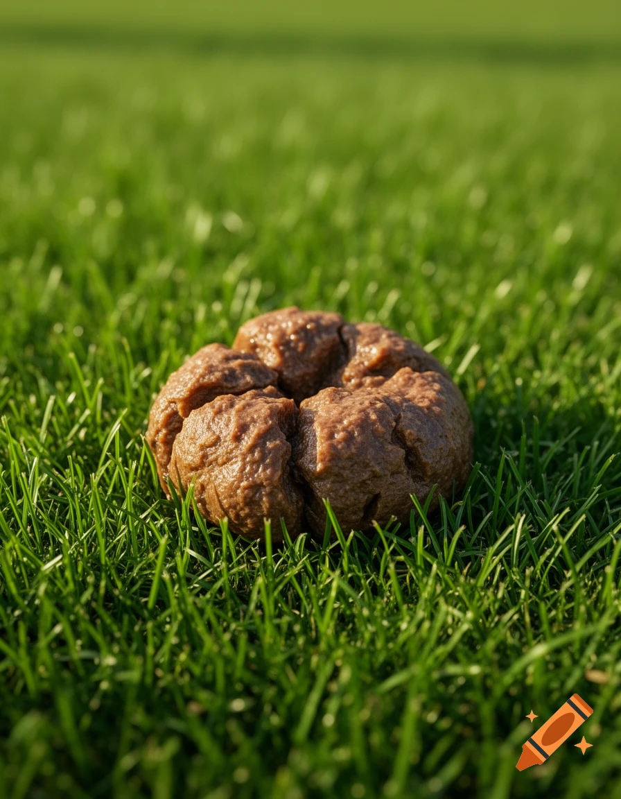 A close-up, photorealistic shot of a pile of feces on green grass.