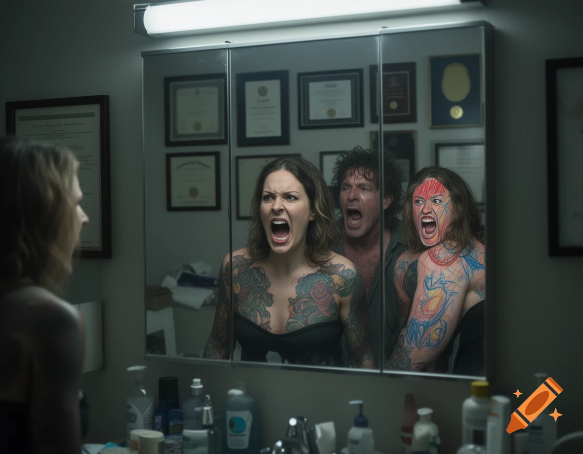A woman yells at her reflection in a bathroom mirror, her chest covered in tattoos. Behind her, a man and another woman with crayon drawings on their faces also yell, reflected in the mirror.
