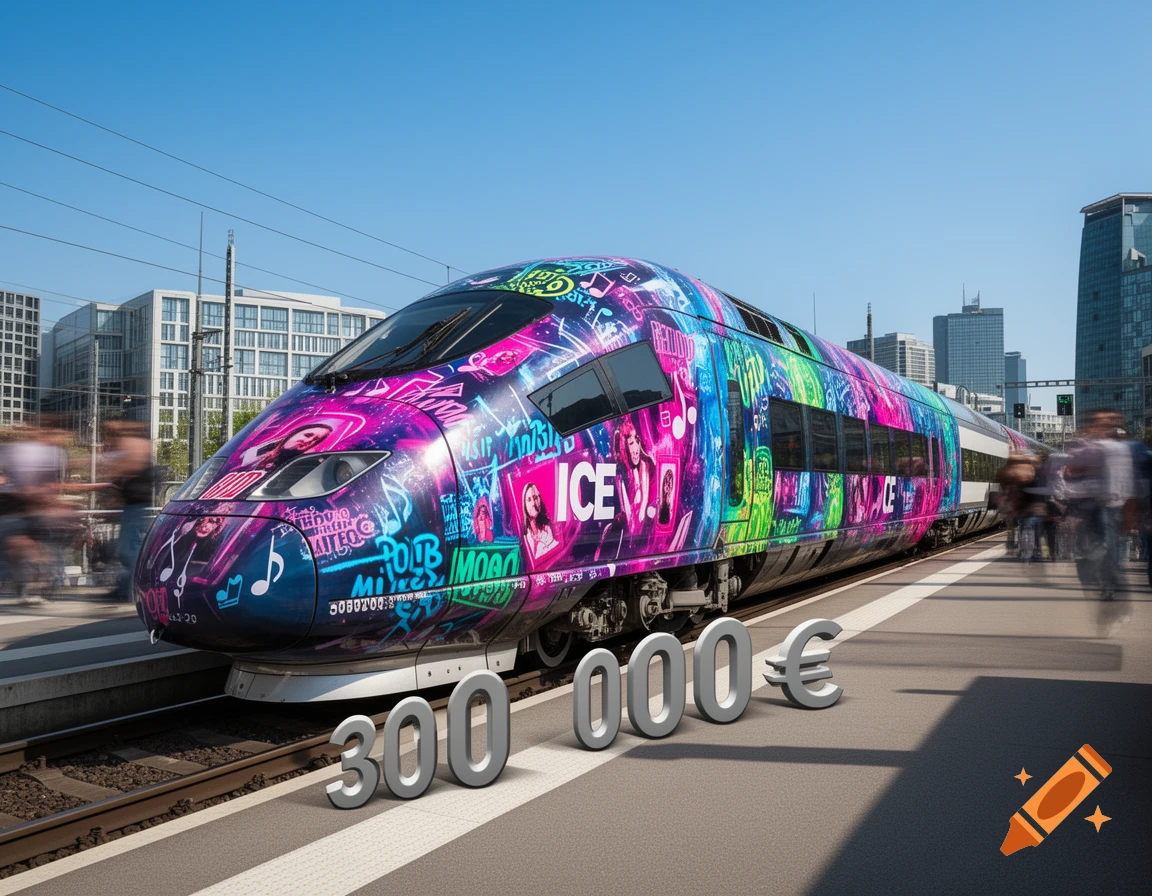 A colorful ICE train adorned with vibrant pop music-themed graffiti, featuring images of women and musical notes, stands at a station platform. In the foreground, large silver numbers read "300 000€".