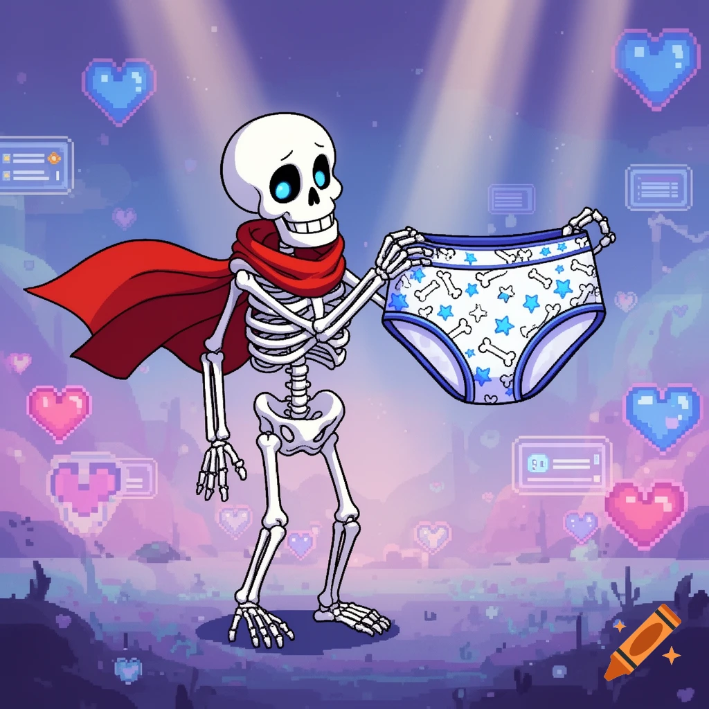 A cartoon skeleton with a red scarf and cape holds up a pair of blue and white underwear with bone and star patterns, set against a pixelated, starry background with floating hearts.