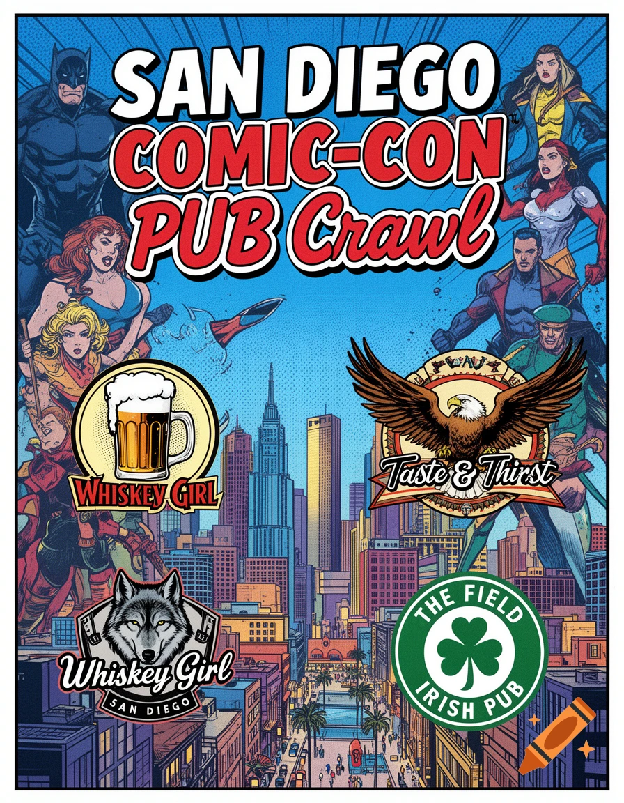 A comic book style poster for a San Diego Comic-Con Pub Crawl, featuring superheroes, a city skyline, and logos for pubs like Whiskey Girl and The Field Irish Pub.