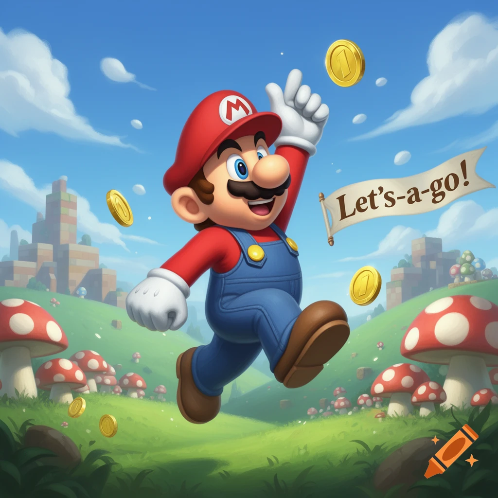Mario jumps with a 'Let's-a-go!' banner, collecting coins in a bright green mushroom landscape, cartoon style.