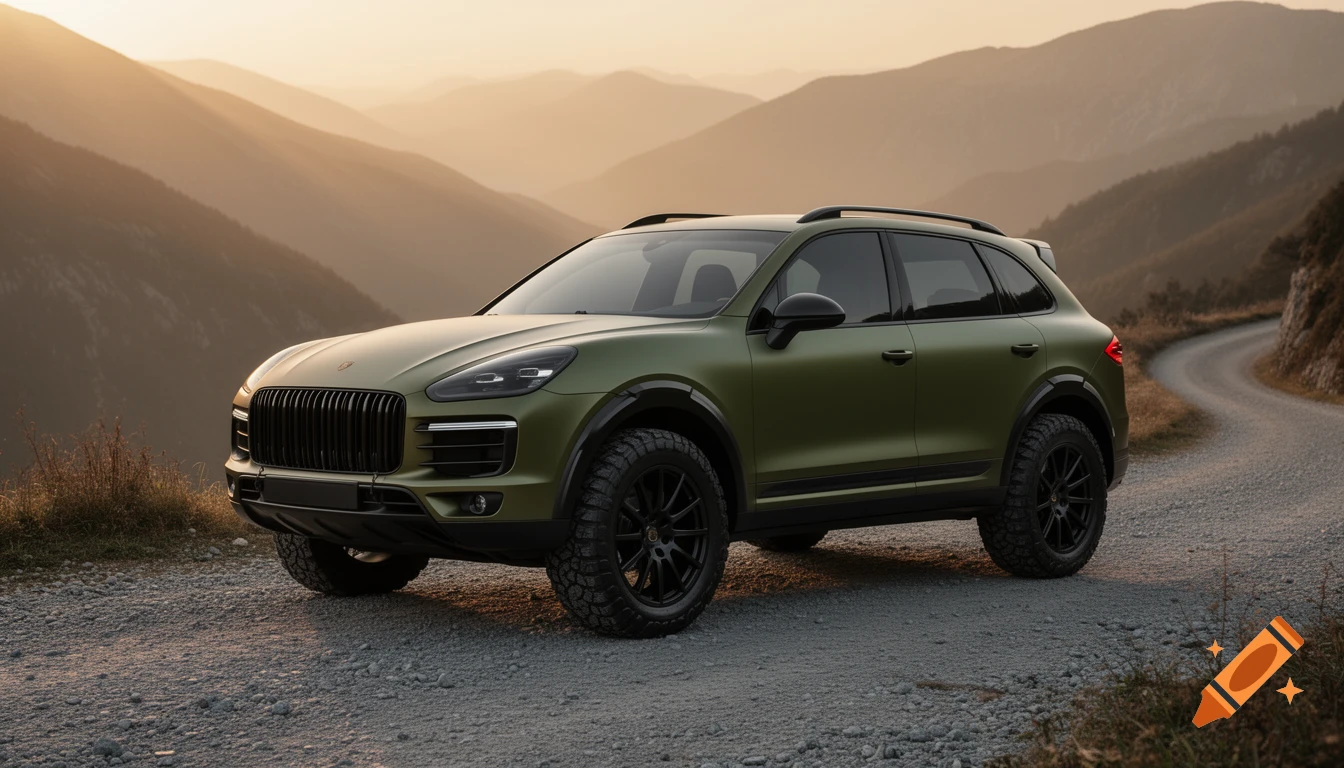 A matte olive green custom Porsche Cayenne SUV with off-road tires parked on a gravel mountain road at golden hour.
